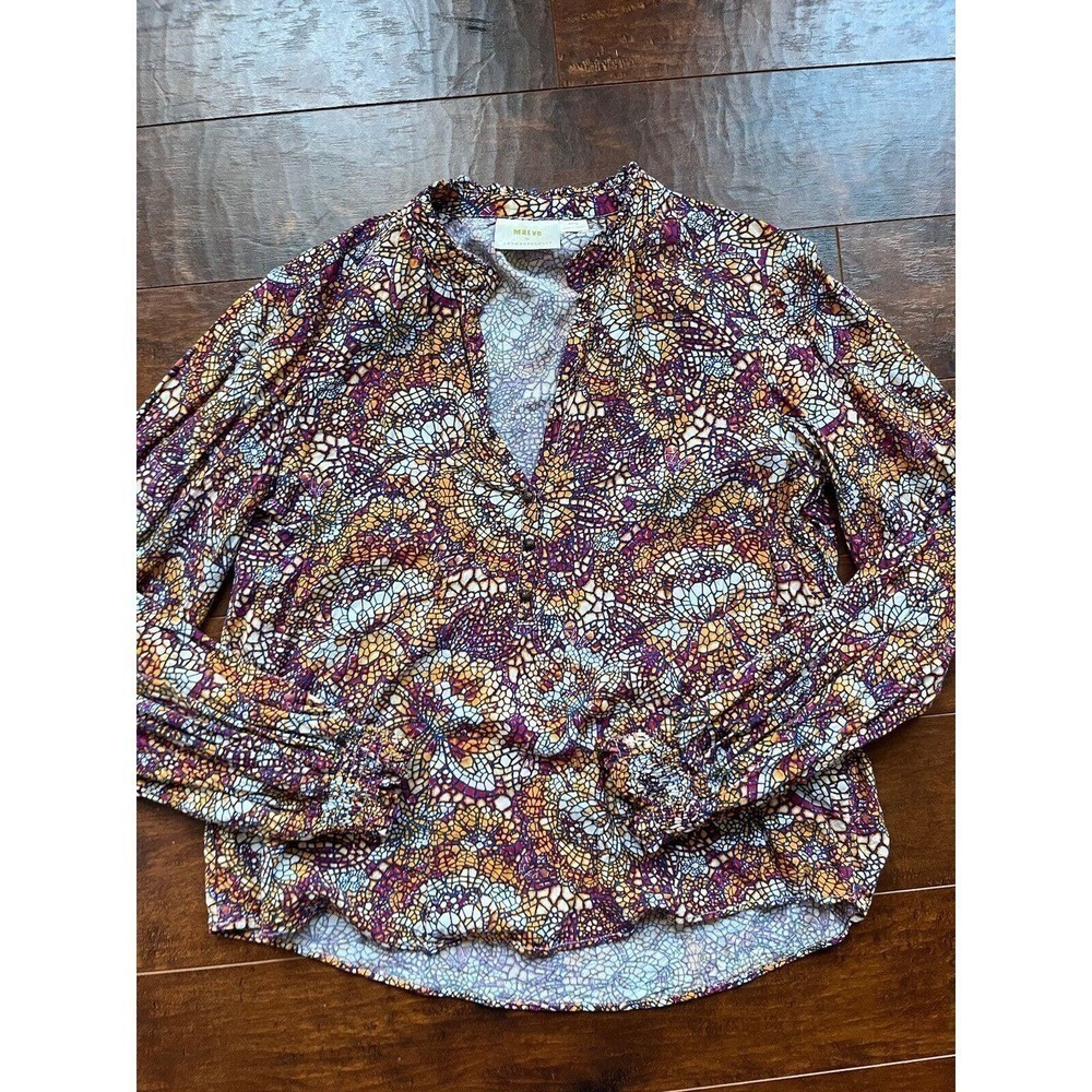 Maeve Anthropologie Mosaic Kaleidoscope Blouse V-Neck Long Sleeve Multicolor M